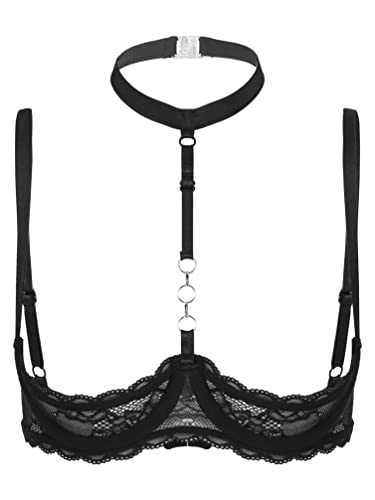 iiniim Damen Hebe BH Bustier Neckholder Push Up Spitze Bra 1/4 Bügel BH Tops Büstenhebe Büstenhalter Dessous Unterwäsche A Schwarz 5XL von iiniim