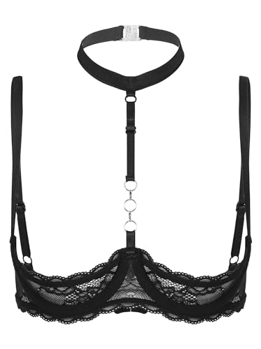 iiniim Damen Hebe BH Bustier Neckholder Push Up Spitze Bra 1/4 Bügel BH Tops Büstenhebe Büstenhalter Dessous Unterwäsche A Schwarz M von iiniim