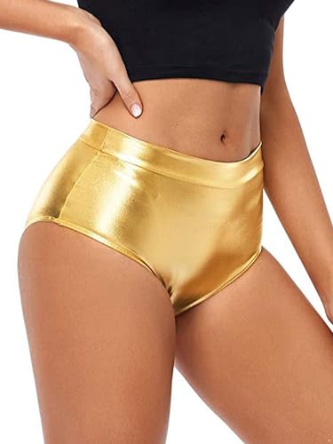 iiniim Damen Hotpants Wetlook Kurze Hose Glanz Booty Shorts Bikinihose Hoch Taille Unterwäsche Unterhose GOGO Rave Clubwear A Gold L von iiniim