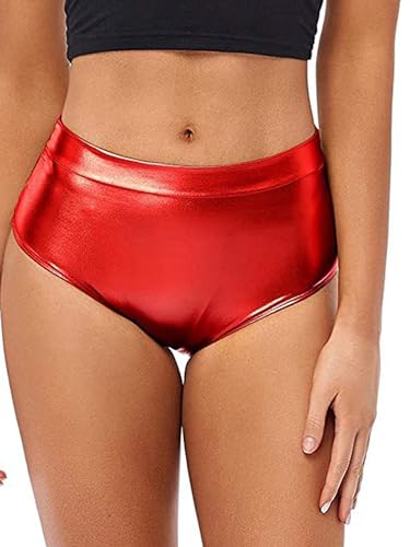 iiniim Damen Hotpants Wetlook Kurze Hose Glanz Booty Shorts Bikinihose Hoch Taille Unterwäsche Unterhose GOGO Rave Clubwear A Rot S von iiniim