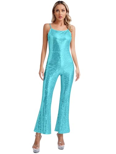 iiniim Damen Jumpsuit Glitzer Ärmellos Body Overall Glänzend Hosenanzug Pailletten Schlaghose Leggings Disco Karneval Tanzkostüm Hellblau L von iiniim