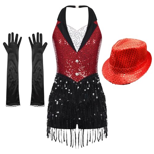 iiniim Damen Latein Tanzkleid Glitzer Ballettkleid mit Mütze Handschuhe Pailletten Fransen Jumpsuit Overall Ballsaal Show Performance Jazz Tanzkleidung Rot M von iiniim