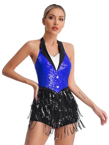 iiniim Damen Latein Tanzkleid Glitzer Ballettkleid Pailletten Fransen Jumpsuit Overall Jazz Tanzkleidung Ballsaal Show Performance Tanzkostüm Blau L von iiniim