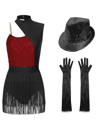 iiniim Damen Latein Tanzkleid Glitzer Ballettkleid Pailletten Fransen Kleid mit Mütze Handschuhe Ballsaal Performance Jazz Tanzkleidung Weinrot XL von iiniim