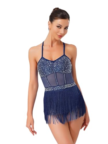 iiniim Damen Latein Tanzkleid Glitzer Ballettkleid Strass Glänzend Fransen Kleid Chacha Salsa Ballsaal Eiskunstlauf Tanzkleidung Wettbewerb Tanzkostüm Marine Blau L von iiniim