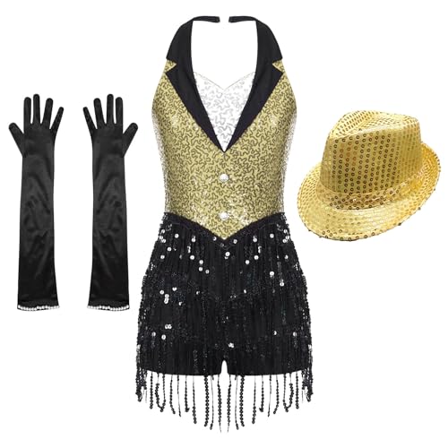 iiniim Damen Latein Tanzkleid Glitzer Ballettkleid mit Mütze Handschuhe Pailletten Fransen Jumpsuit Overall Ballsaal Show Performance Jazz Tanzkleidung Gelb S von iiniim