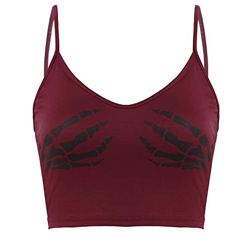 iiniim Damen Leibchen Top Crop Tank Top mit Skelett Hände Druck Bauchfrei Oberteile Weste Unterhemd Party Clubwear Shirt Aa Weinrot M von iiniim