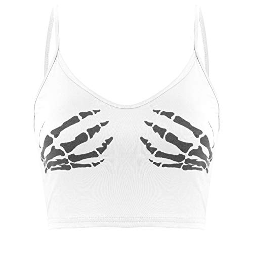 iiniim Damen Leibchen Top Crop Tank Top mit Skelett Hände Druck Bauchfrei Oberteile Weste Unterhemd Party Clubwear Shirt Aa Weiß S von iiniim