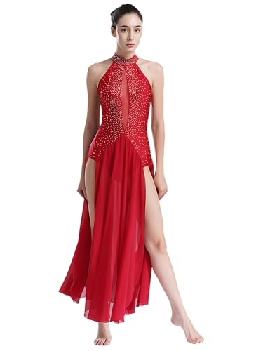 iiniim Damen Lyrisch Tanzkleid Glitzer Eiskunstlauf Kleid Ärmellos Ballettkleid mit Chiffon Rock Modern Dance Contemporary Wettbewerb Tanzkleidung Rot L von iiniim