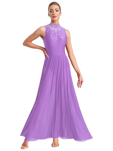 iiniim Damen Lyrisch Tanzkleid Glitzer Eiskunstlauf Kleid mit Maxirock Ärmellos Ballettkleid Modern Dance Contemporary Wettbewerb Tanzkleidung Hell Lila M von iiniim