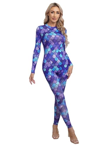 iiniim Damen Meerjungfrau Kostüm Fischschuppen Jumpsuit Langarm Body Overall Ganzanzug Badeanzug Karneval Faschingskostüm Aa Dunkel Lila S von iiniim