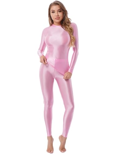iiniim Damen Nylon Body Overall Ganzanzug Glossy Langarm T-Shirt mit Leggings Hose Yoga Fitness Sport Set X Rosa Shir+Hose X XL von iiniim