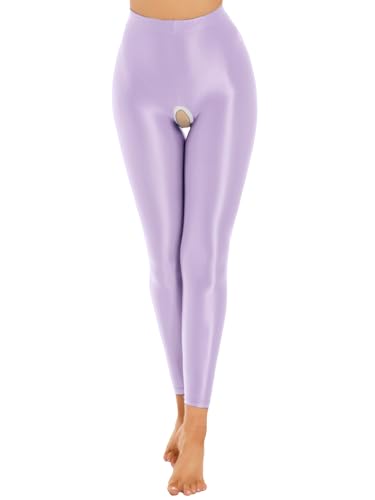 iiniim Damen Nylon Strumpfhosen Glossy Hose Ouvert Leggings Tight Pants Lange Unterhose Pantyhose Dessous Unterwäsche Hell Lila L von iiniim