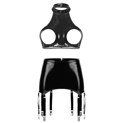 iiniim Damen Ouvert Dessous Set Wetlook Brustfrei BH Tops + Minirock mit Strumpfhalter Erotik Reizwäsche Nachtwäsche S-4XL F Schwarz 3XL von iiniim