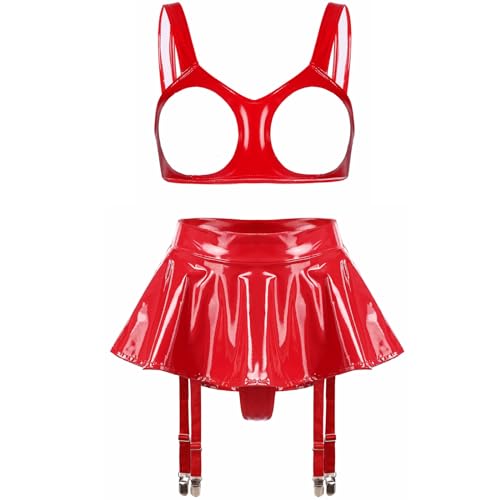 iiniim Damen Ouvert Dessous Set Wetlook Brustfrei Hebe BH Tops + Minirock mit Strumpfhalter Erotik Dessous Set Reizwäsche Nachtwäsche S-4XL Ba Rot XXL von iiniim