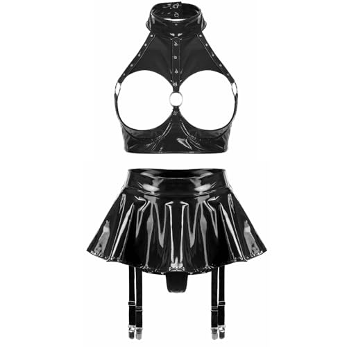 iiniim Damen Ouvert Dessous Set Wetlook Brustfrei Hebe BH Tops + Minirock mit Strumpfhalter Erotik Dessous Set Reizwäsche Nachtwäsche S-4XL E Schwarz 4XL von iiniim