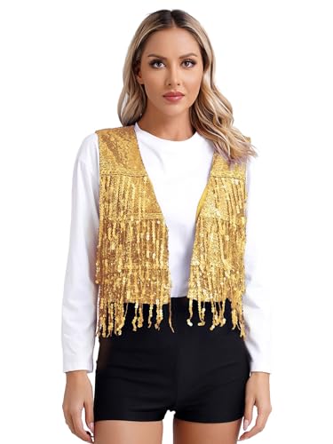 iiniim Damen Pailletten Weste Glitzer Ärmellos Anzugweste Fransen Jacke Mantel Quasten Tanzjacke Karneval Fasching Tanzkostüm A Gold M von iiniim