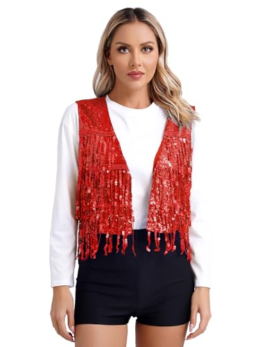 iiniim Damen Pailletten Weste Glitzer Ärmellos Anzugweste Fransen Jacke Mantel Quasten Tanzjacke Karneval Fasching Tanzkostüm A Rot XL von iiniim
