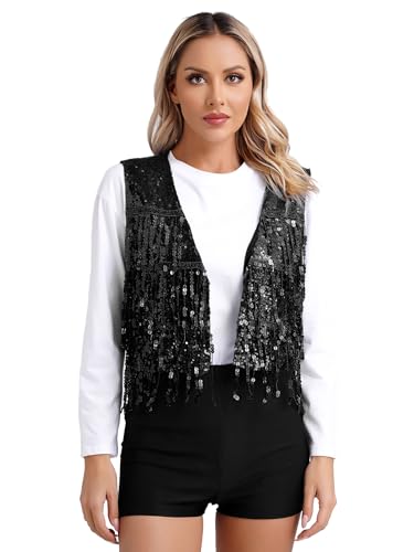 iiniim Damen Pailletten Weste Glitzer Ärmellos Anzugweste Fransen Jacke Mantel Quasten Tanzjacke Karneval Fasching Tanzkostüm A Schwarz XL von iiniim