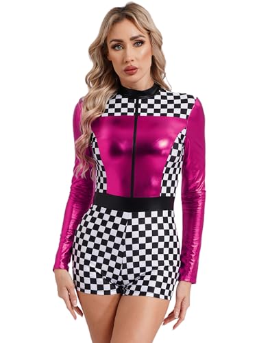 iiniim Damen Rennfahrer Kostüm Kariert Jumpsuit Overall Langarm Body Rennfahrer Uniform Formel 1 Kostüm Halloween Karneval Fasching Kostüm Dunkel Rosa M von iiniim