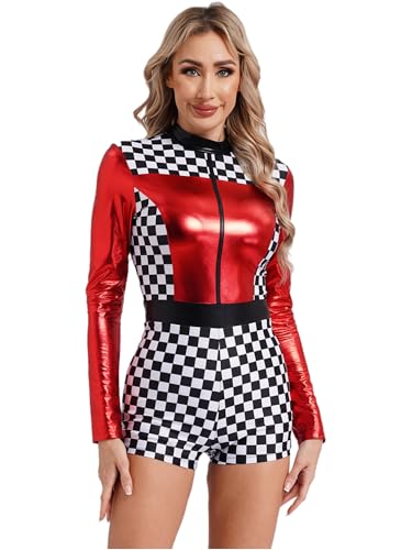 iiniim Damen Rennfahrer Kostüm Kariert Jumpsuit Overall Langarm Body Rennfahrer Uniform Formel 1 Kostüm Halloween Karneval Fasching Kostüm Rot XL von iiniim