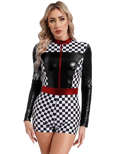 iiniim Damen Rennfahrer Kostüm Kariert Jumpsuit Overall Langarm Body Rennfahrer Uniform Formel 1 Kostüm Halloween Karneval Fasching Kostüm Schwarz XL von iiniim