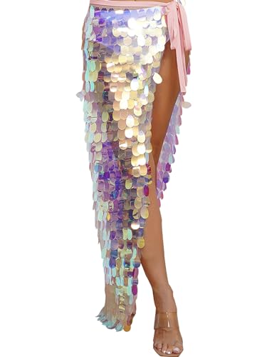 iiniim Damen Rock Pailletten Meerjungfrau Rock Glitzer Wickelrock Asymmetrisch Bauchtanz Rock Maxirock Karneval Kostüm Rave Party Clubwear A Rosa M von iiniim