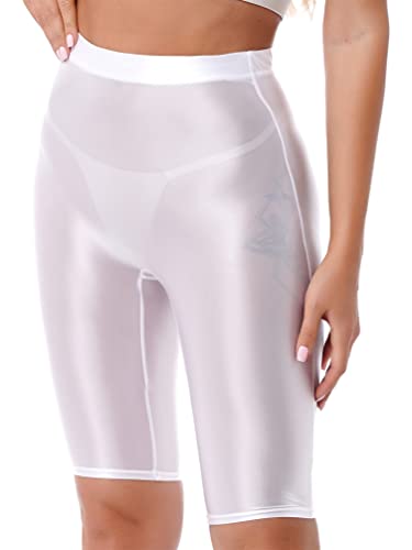 iiniim Damen Shorts Glossy Stretch Sport Shorts Sommer Kurze Hose Glanz Hotpants Nylon Strumpfhose Tight Leggings Freizeitshorts Weiß XL von iiniim