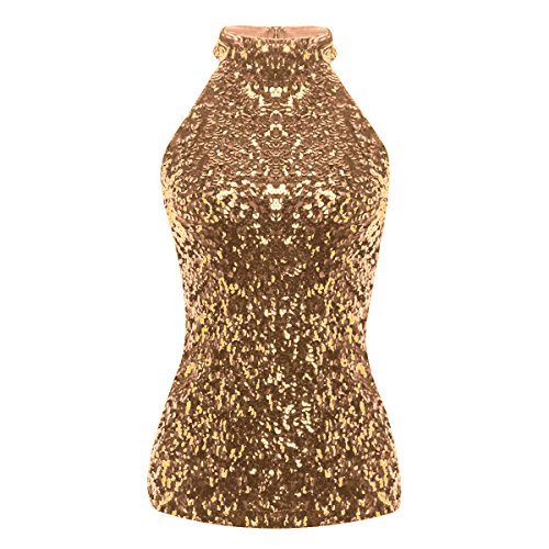 iiniim Damen Tank Tops Rollkragen Ärmellos Weste Pailletten T-Shirt Sommer Top Unterhemd Unterwäsche A Gold Einheitsgröße von iiniim