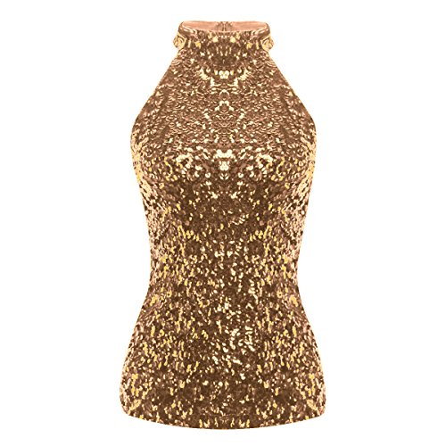 iiniim Damen Tank Tops Rollkragen Ärmellos Weste Pailletten T-Shirt Sommer Top Unterhemd Unterwäsche A Gold Einheitsgröße von iiniim