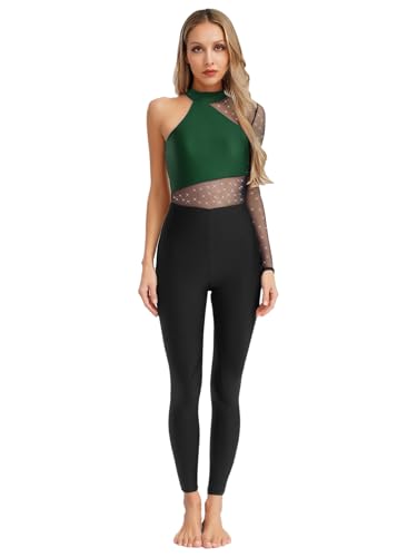 iiniim Damen Turnanzug Ganzkörper Gymnastikanzug Strass Glitzer Ballettanzug Ein-Schulter Langarm Eiskunstlauf Body Overall Jumpsuit Wettbewerb Tanzkostüm Dunkelgrün XXL von iiniim