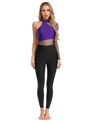 iiniim Damen Turnanzug Ganzkörper Gymnastikanzug Strass Glitzer Ballettanzug Ein-Schulter Langarm Eiskunstlauf Body Overall Jumpsuit Wettbewerb Tanzkostüm Lila L von iiniim