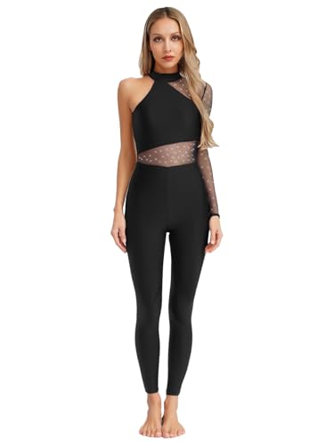 iiniim Damen Turnanzug Ganzkörper Gymnastikanzug Strass Glitzer Ballettanzug Ein-Schulter Langarm Eiskunstlauf Body Overall Jumpsuit Wettbewerb Tanzkostüm Schwarz S von iiniim