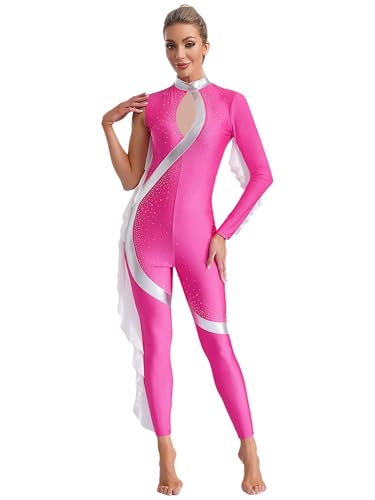 iiniim Damen Turnanzug Glitzer Gymnastikanzug Ein-Schulter Ballettanzug Farbblock Eiskunstlauf Body Overall Jumpsuit Akrobatik Wettbewerb Tanzkostüm Dunkel Rosa M von iiniim