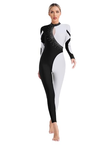 iiniim Damen Turnanzug Glitzer Gymnastikanzug Patchwork Ballettanzug Langarm Eiskunstlauf Body Overall Jumpsuit Akrobatik Anzug Wettbewerb Tanzkostüm Weiß M von iiniim