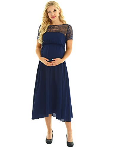 iiniim Damen Umstandskleid Festlich Kleid Hochzeit Abendkleid Umstandsmode Chiffon Spitze Maternity Schwangerschaftskleid Gr.34-44 A Marine Blau 34 von iiniim