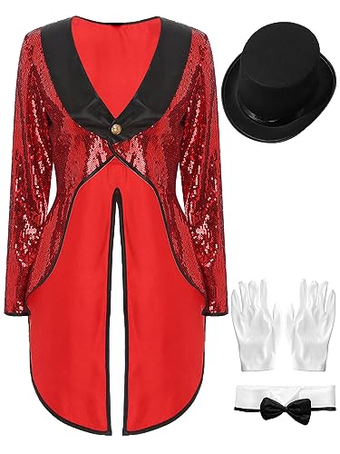 iiniim Damen Zirkus Kostüm Langarm Frack Jacke Blazer Mantel Ringmaster Uniform Halloween Kostüm Weihnachten Karneval Fasching Kostüm J Rot XL von iiniim