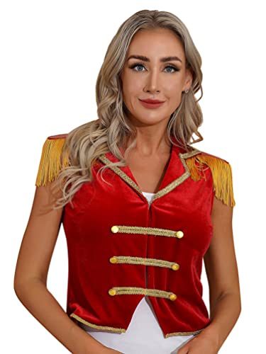iiniim Damen Zirkus Kostüm Zirkusdirektorin Frack Jacke Blazer Mantel Ringmaster Uniform Halloween Weihnachten Karneval Fasching Kostüm S-3XL E Rot A L von iiniim