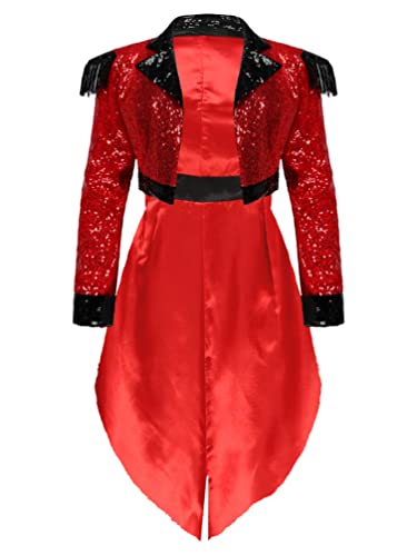 iiniim Damen Zirkus Kostüm Langarm Frack Jacke Blazer Mantel Ringmaster Uniform Halloween Kostüm Weihnachten Karneval Fasching Kostüm C Rot Pailletten M von iiniim