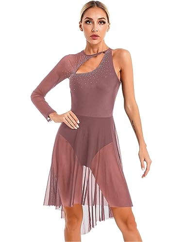 iiniim Eiskunstlauf Kleid Damen EIN-Schulter Lyrischen Tanzkleid Glitzer Ballettkleid mit Strass Asymmetrisch Rock Ballerina Latein Eislaufen Tanzkleidung Rötlich-braun XL von iiniim