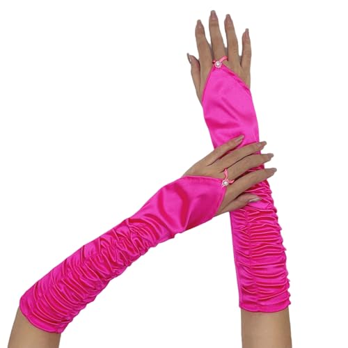 iiniim Gerüschte Fingerlose Strass Lange Handschuhe Satin Prom Sparkly Brauthandschuhe für Frauen Hot Pink One Size von iiniim