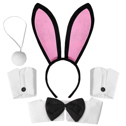 iiniim Halloween Hase Cosplay Kostüm Set Kawaii Hasenohren Haarband Fliege Manschetten Bunny Plüsch Schwanz Kaninchen Kostüm Zubehör für Cosplay Karneval Schwarz&Rosa One Size von iiniim