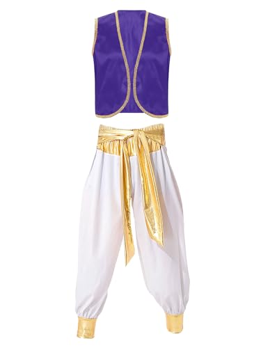 iiniim Herren Arabischer Kostüm Araber Prinz Outfits Weste Tops mit Pumphose Cosplay Halloween Kostüm Karneval Fasching Mottoparty Dunkellila&Weiß XXL von iiniim