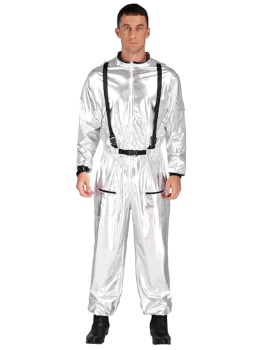 iiniim Herren Astronauten Kostüm Wetlook Body Overall Silber Metallic Jumpsuit Ganzkörperanzug Weltall Raumfahrer Kostüm Halloween Karneval Fasching Mottoparty Silber L von iiniim