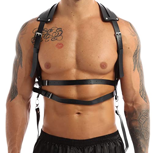 iiniim Herren Body Brust Harness PU Leder Gothic Geschirr Schultergurte Männerbody Unterhemd Tank Tops Party Outfits Zubehör A Schwarz F Einheitsgröße von iiniim