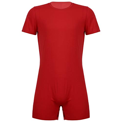 iiniim Herren Body Overall Kurzarm T-Shirt Unterhemd Einteiler Bodysuit mit Druckknöpfe im Schritt Sportbody Kurze Hose Shorts Rot L von iiniim