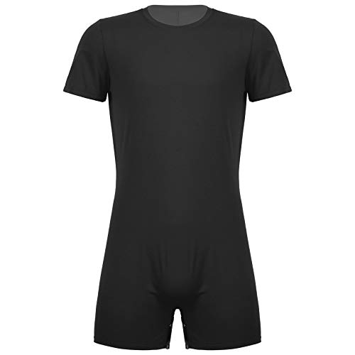 iiniim Herren Body Overall Kurzarm T-Shirt Unterhemd Einteiler Bodysuit mit Druckknöpfe im Schritt Sportbody Kurze Hose Shorts Schwarz XXL von iiniim
