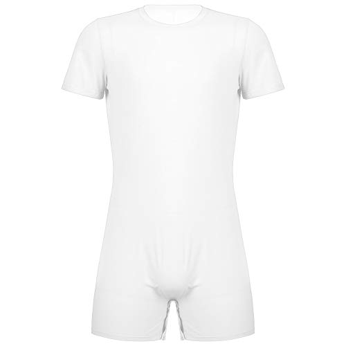 iiniim Herren Body Overall Kurzarm T-Shirt Unterhemd Einteiler Bodysuit mit Druckknöpfe im Schritt Sportbody Kurze Hose Shorts Weiß XL von iiniim