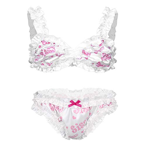 iiniim Herren Dessous Set Satin BH+Sissy Panties Höschen Nachtwäsche Nachthemd Reizwäsche Unterwäsche Set M-3XL F Weiß Sissy Set M von iiniim