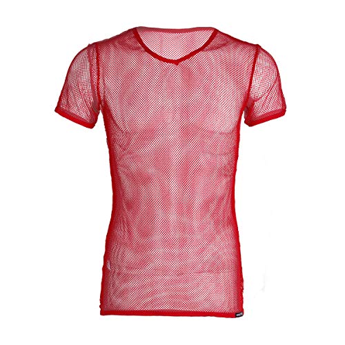 iiniim Herren Kurzarm T-Shirt Netzhemd Erotik Unterwäsche Transparent Netz T-Shirt Rot Medium von iiniim